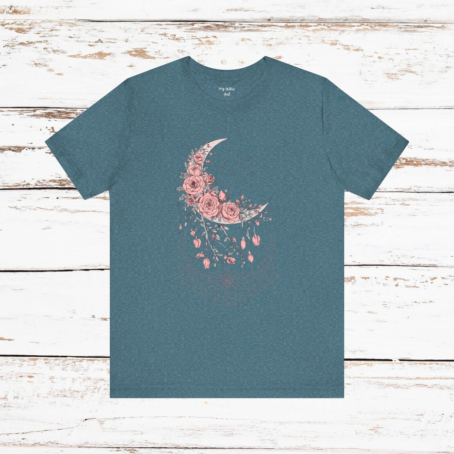 Celestial Goth Crescent Moon Tee with Dripping Florals – Mystic Graphic Art