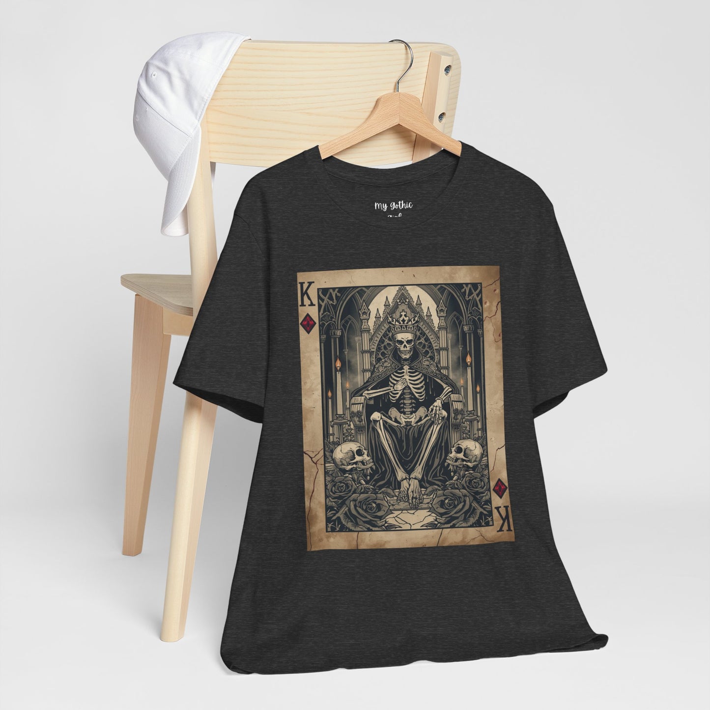 Skeleton King Playing Card Graphic Tee — Gothic Skull Throne T-Shirt