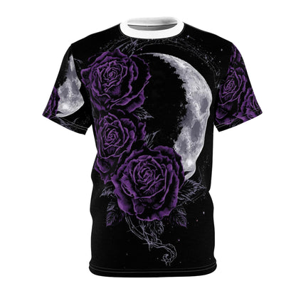 Purple Moon & Roses Tee — Gothic Floral Moonlight All-Over Print Shirt