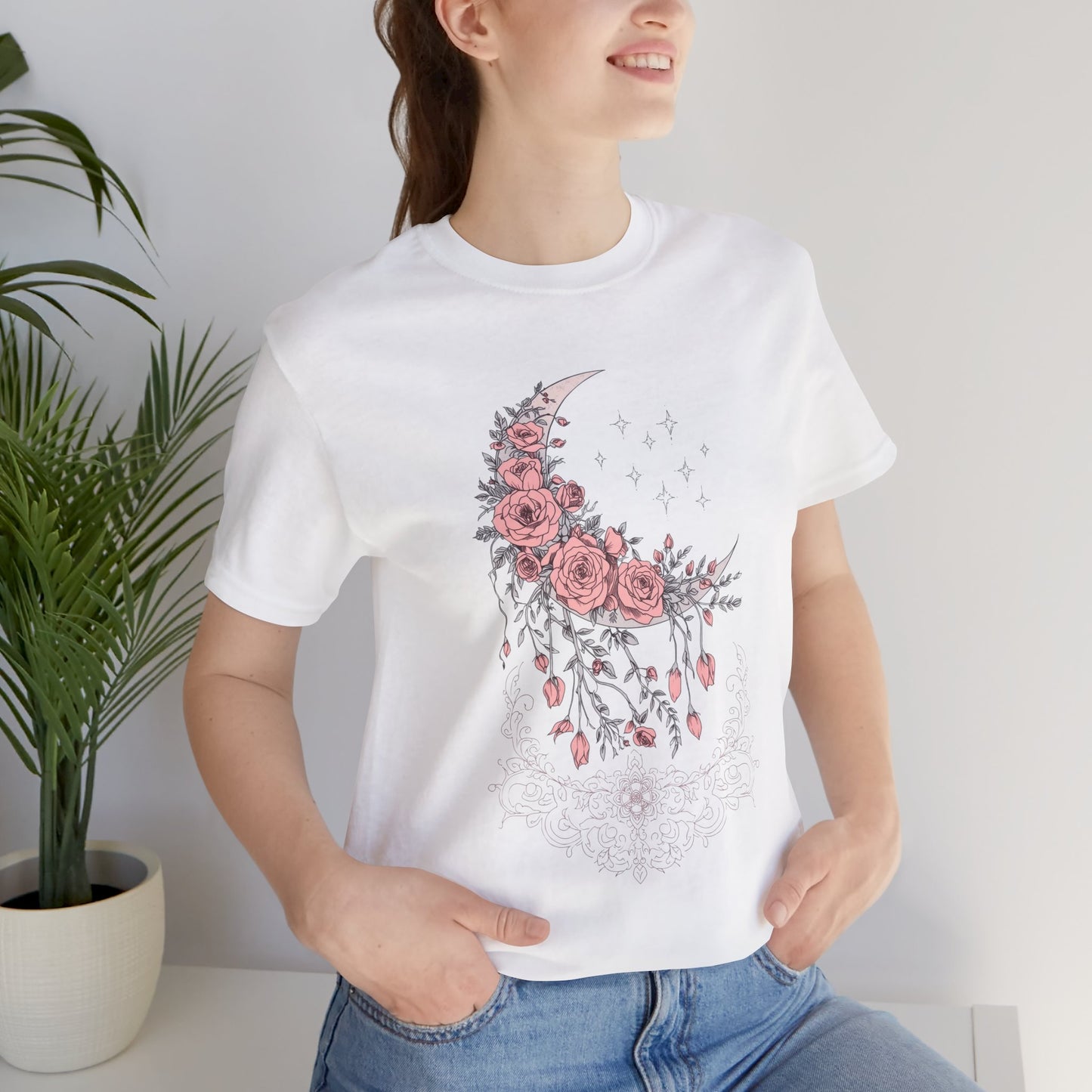 Celestial Goth Crescent Moon Tee with Dripping Florals – Mystic Graphic Art