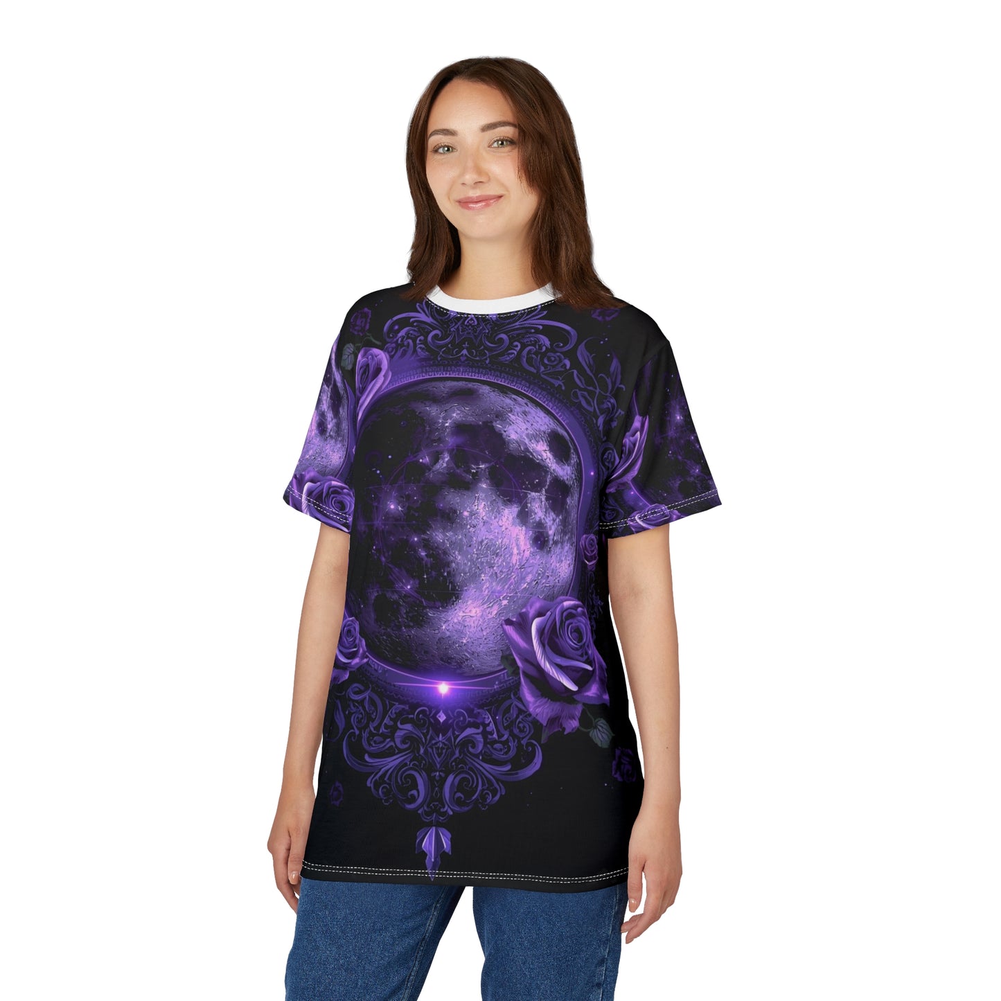 Purple Moon & Roses Tee — Gothic Floral Moonlight All-Over Print Shirt
