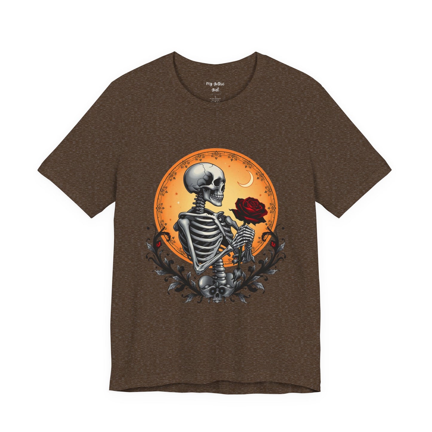Mystical Gothic Skeleton and Black Rose Under Crescent Moon T-Shirt Design