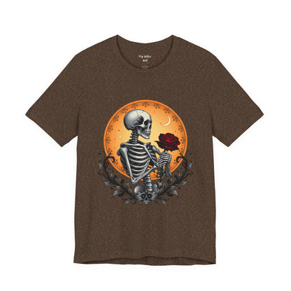 Mystical Gothic Skeleton and Black Rose Under Crescent Moon T-Shirt Design