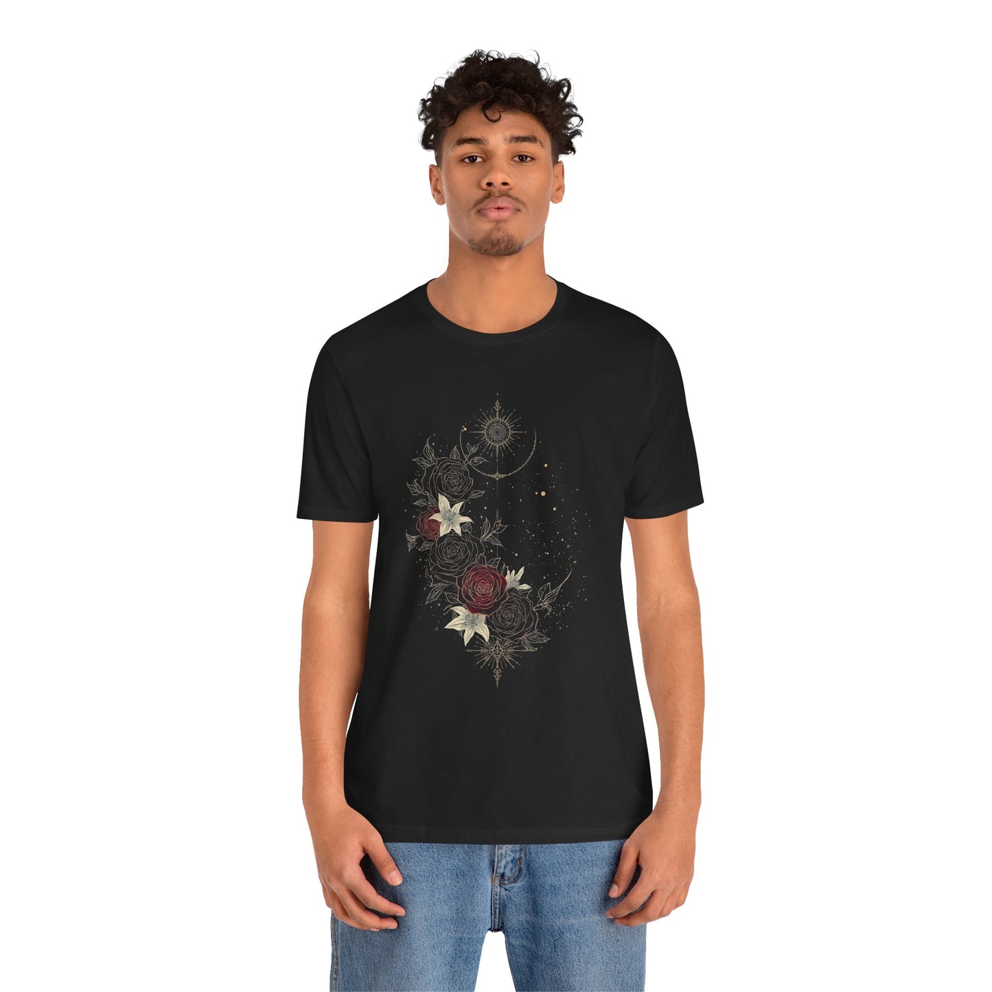 “Dark Floral Moon & Ornamental Geometry” T-Shirt Dark Floral Moon Ornamental Geometry Unisex Jersey Short Sleeve Tee