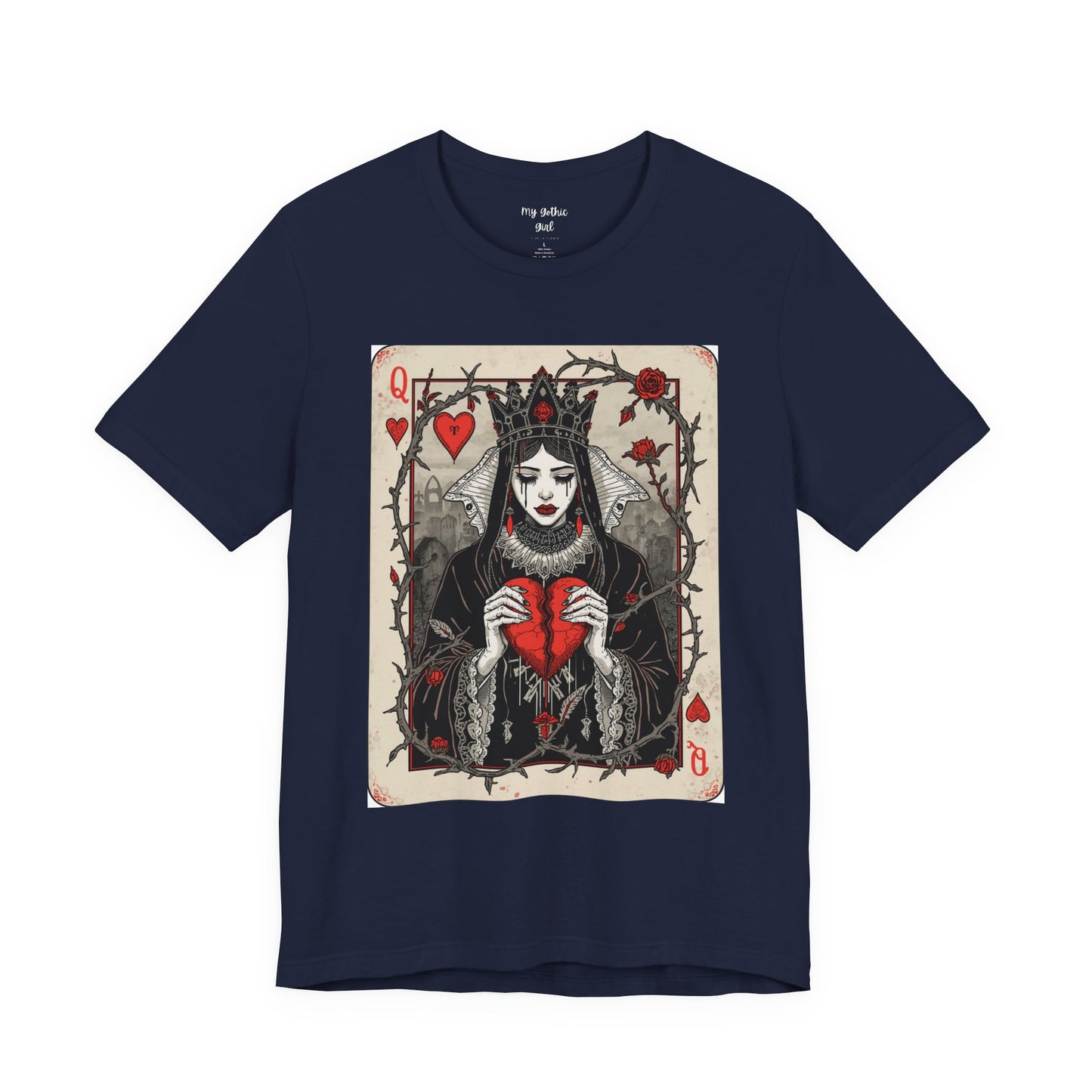 Queen of Hearts Playing Card T-Shirt — Gothic Rose Broken Heart Graphic Tee