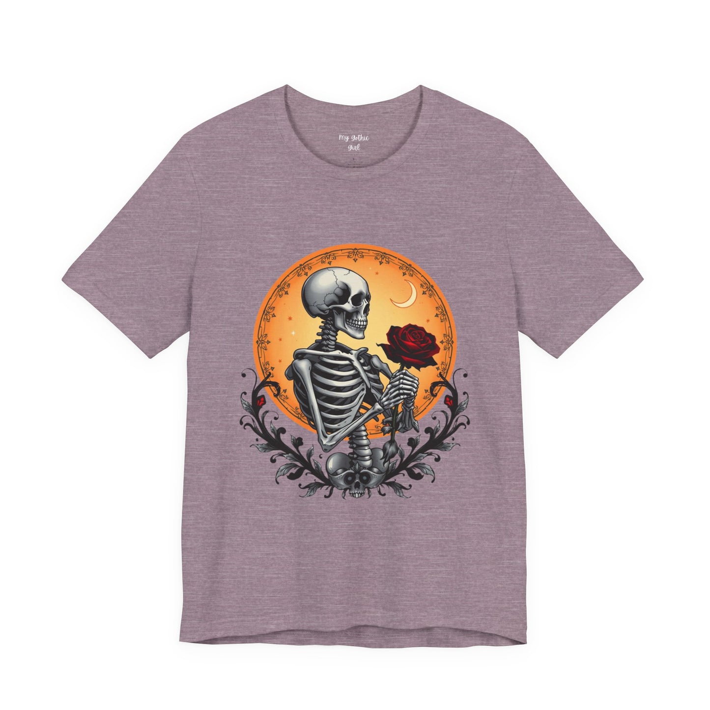 Mystical Gothic Skeleton and Black Rose Under Crescent Moon T-Shirt Design