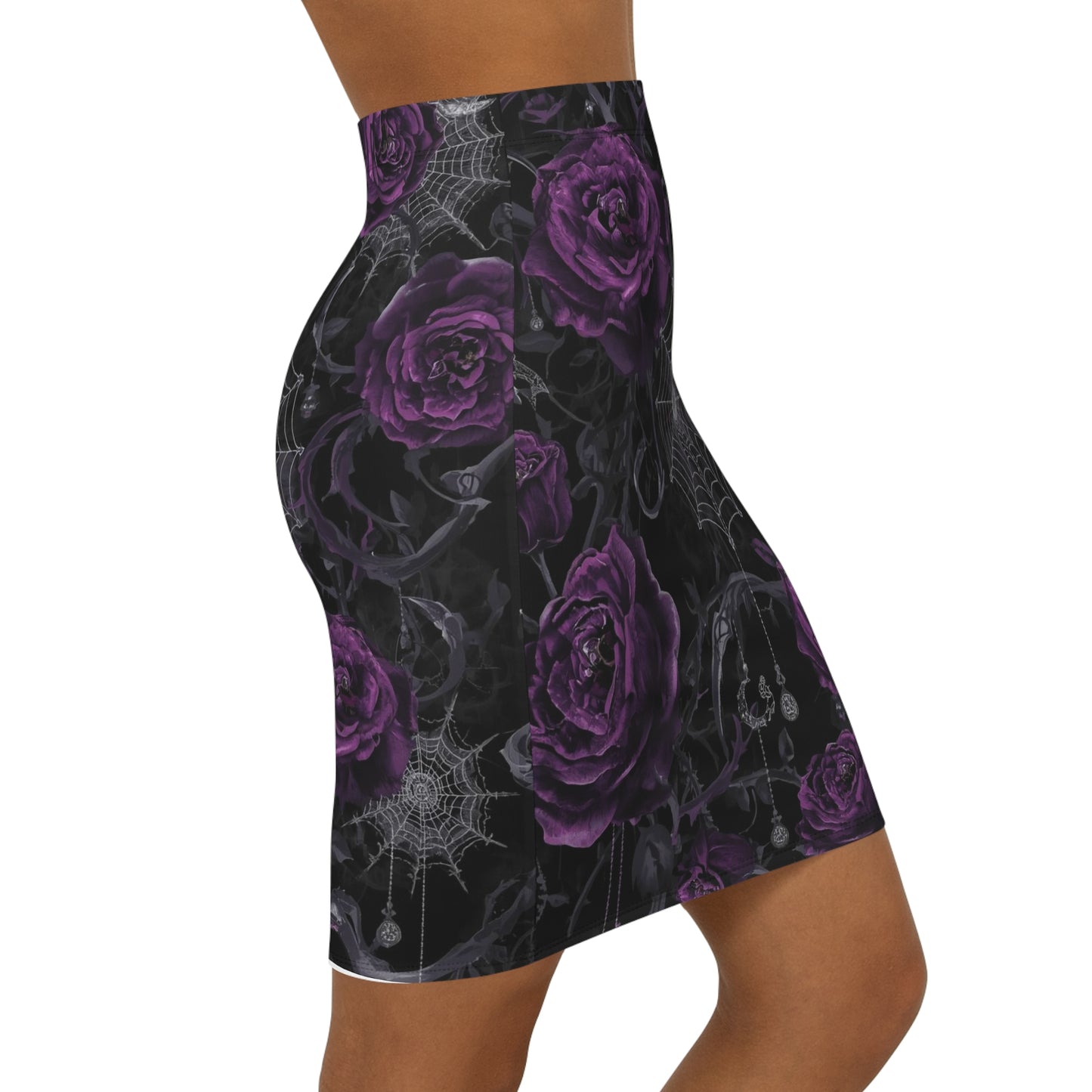 Purple Rose & Spiderweb Gothic Pencil Skirt — Women's Mid‑Waist Floral Print