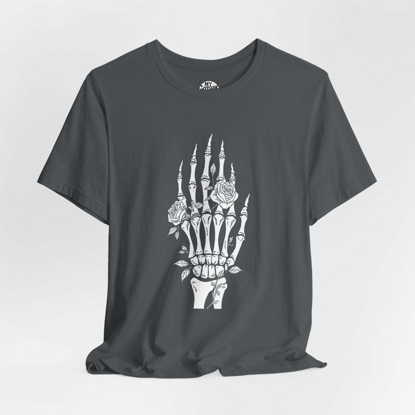 White Roses and Skeleton Hand  Gothic Graphic T-Shirt – Alt Aesthetic Poetic Goth Streetwear