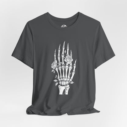 White Roses and Skeleton Hand  Gothic Graphic T-Shirt – Alt Aesthetic Poetic Goth Streetwear