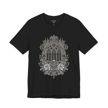 Gothic Cathedral Floral Tee — Intricate Rose Window Graphic T-Shirt