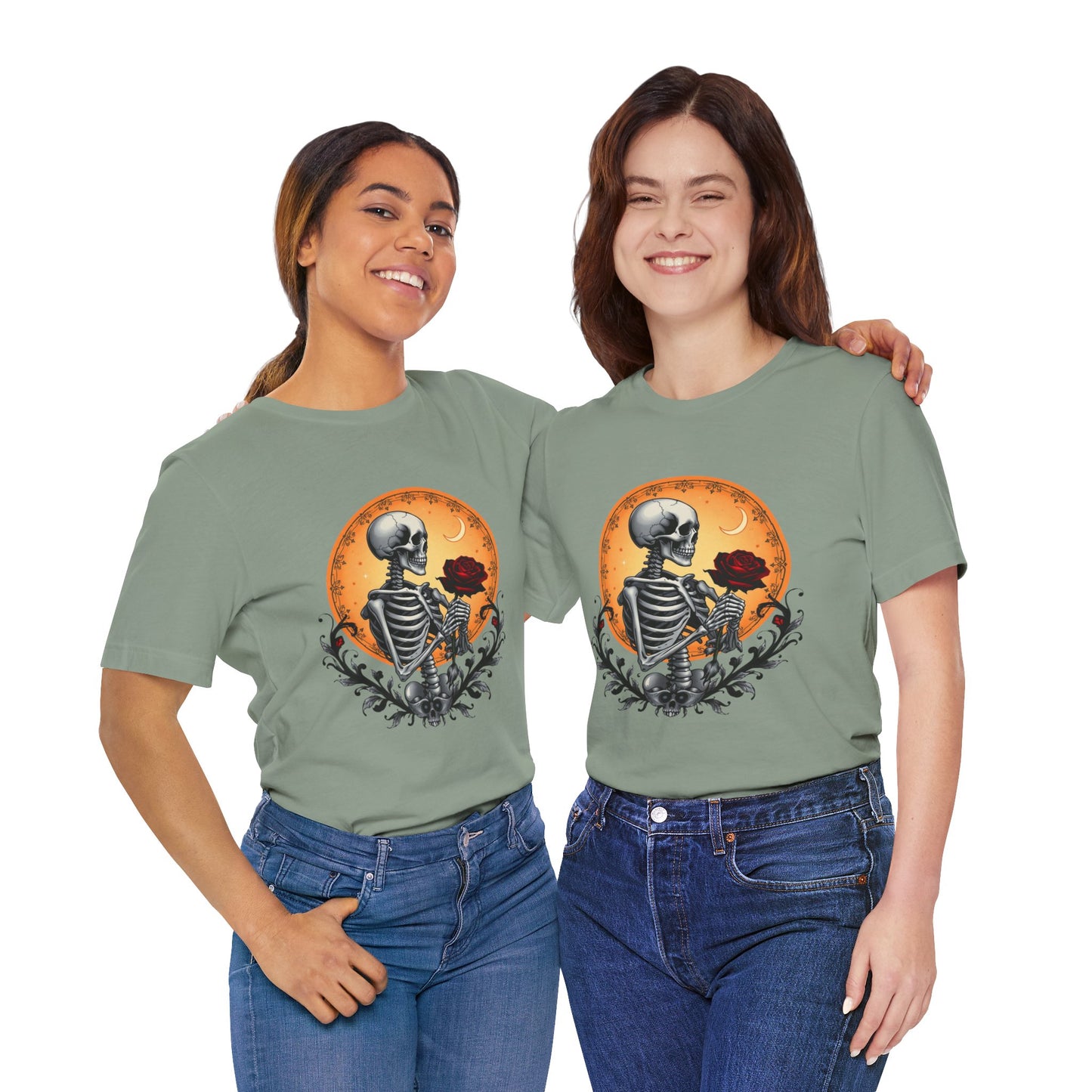 Mystical Gothic Skeleton and Black Rose Under Crescent Moon T-Shirt Design
