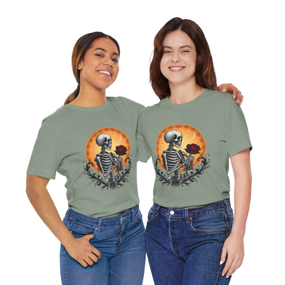 Mystical Gothic Skeleton and Black Rose Under Crescent Moon T-Shirt Design