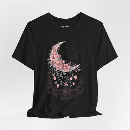 Celestial Goth Crescent Moon Tee with Dripping Florals – Mystic Graphic Art
