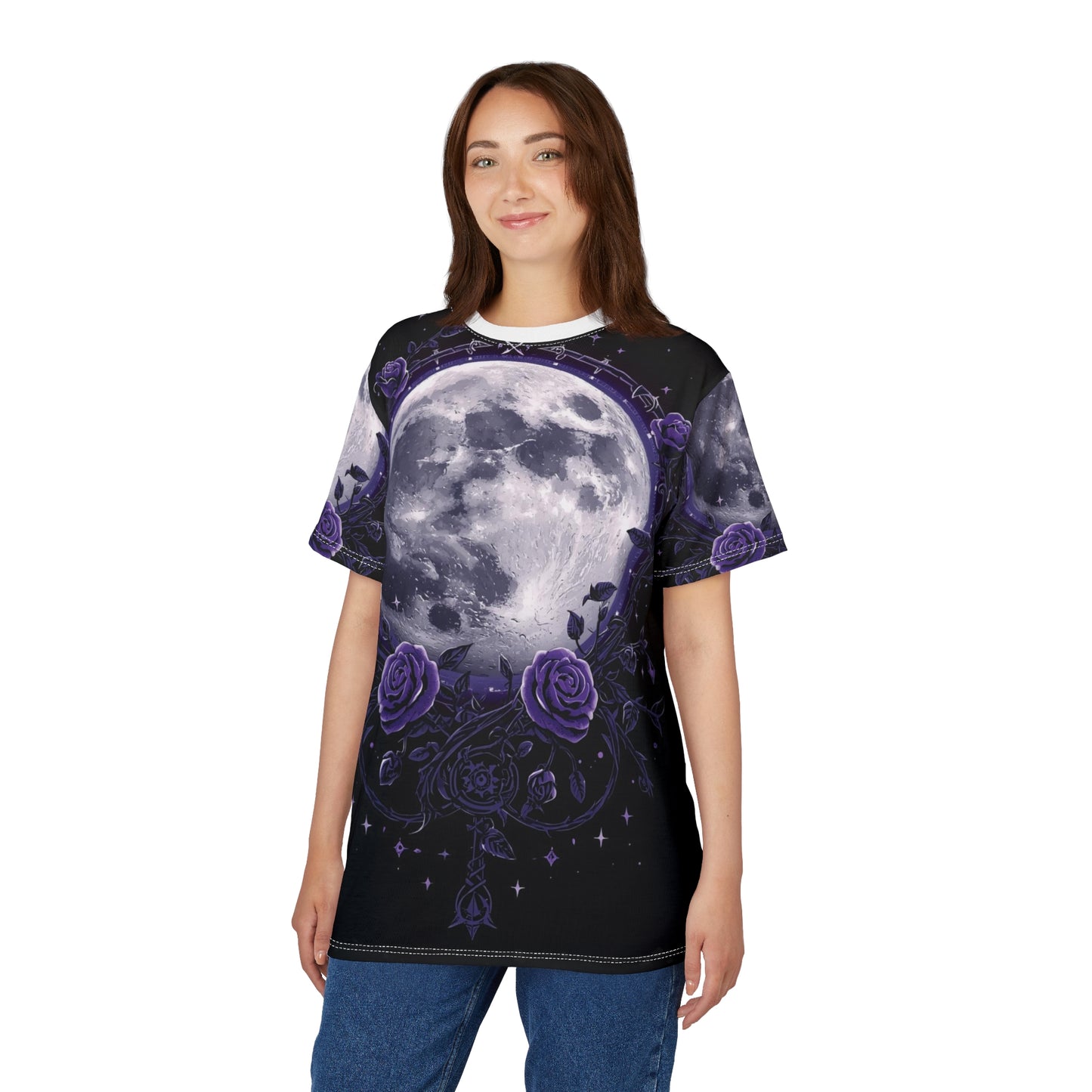 Purple Moon & Roses Tee — Gothic Floral Moonlight All-Over Print Shirt