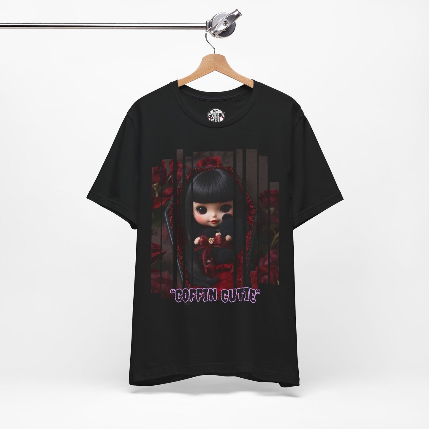 “Coffin Cutie” — cute Gothic doll peeking out from a small coffin Graphic T-Shirt – Alt Aesthetic Poetic Goth Street-wear