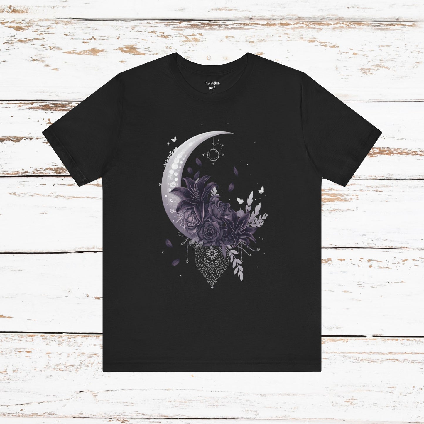 “Moonlit Bouquet & Sacred Soft Goth Symbol” Moonlit Bouquet Unisex Tee - Soft Goth Symbol Floral Design