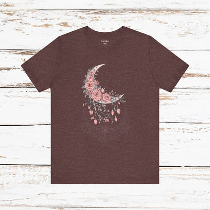 Celestial Goth Crescent Moon Tee with Dripping Florals – Mystic Graphic Art