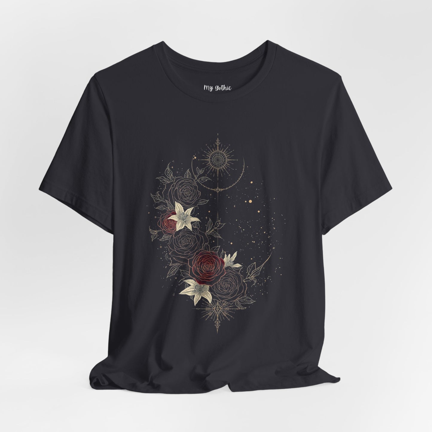 “Dark Floral Moon & Ornamental Geometry” T-Shirt Dark Floral Moon Ornamental Geometry Unisex Jersey Short Sleeve Tee