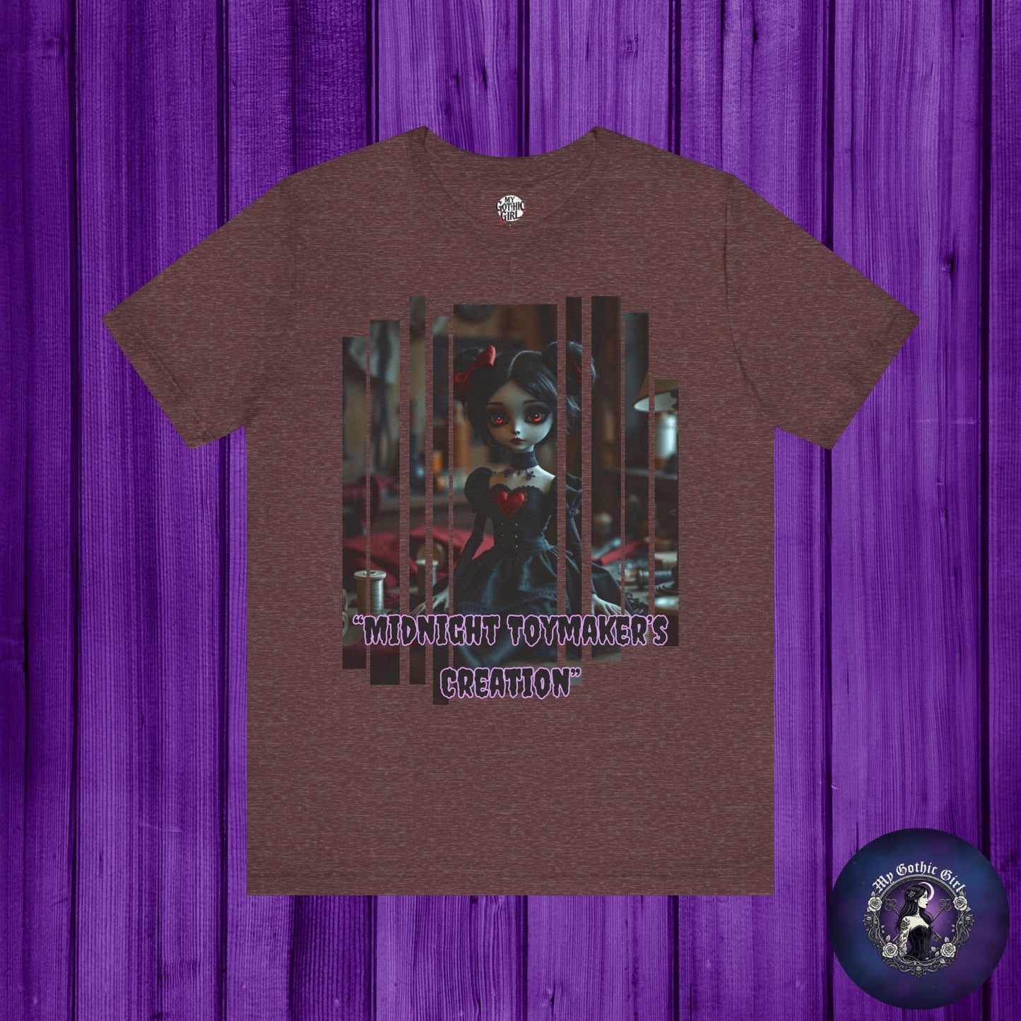 “Midnight Toy-maker's Creation” —hand-stitched Gothic doll Graphic T-Shirt – Alt Aesthetic Poetic Goth Street-wear
