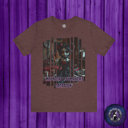 “Midnight Toy-maker's Creation” —hand-stitched Gothic doll Graphic T-Shirt – Alt Aesthetic Poetic Goth Street-wear