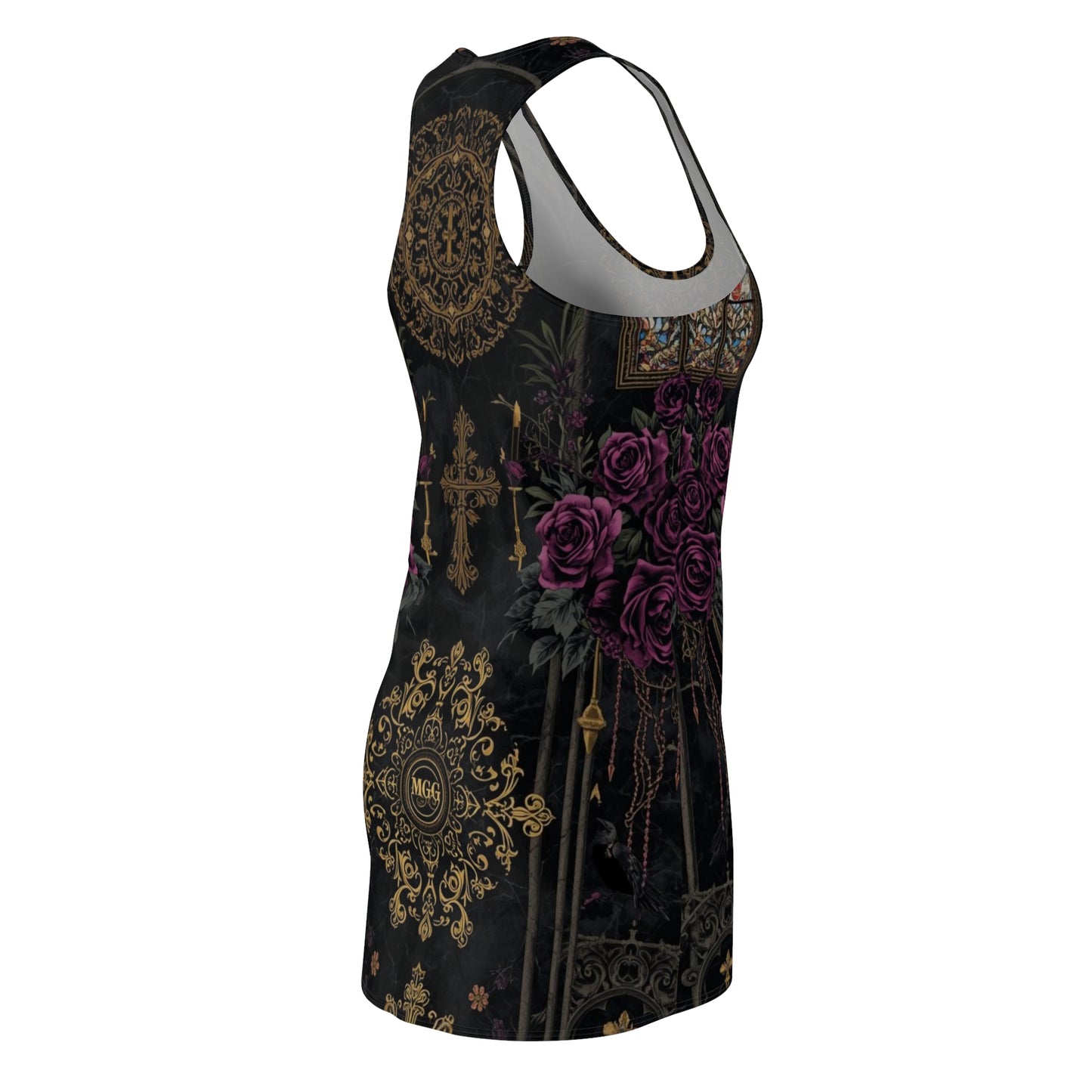 Gothic Rose Racerback Dress — Gold Cross & Velvet Floral AOP