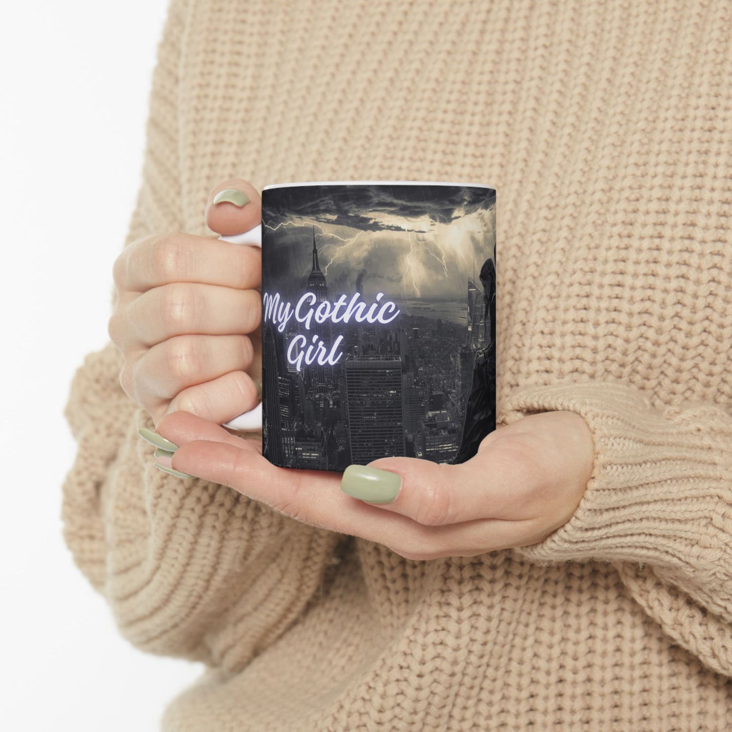 Gothic Angel Ceramic Mug — Moody Cityscape Memorial Coffee Cup (11oz/15oz)