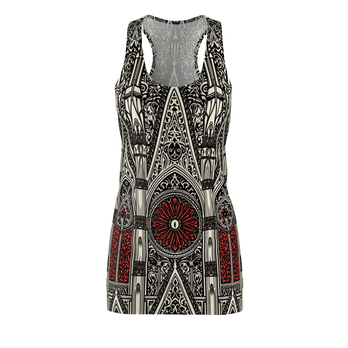 Gothic Stained-Glass Racerback Dress — Red Rose Cathedral Print