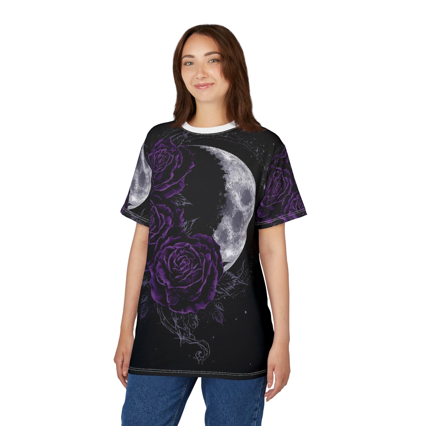Purple Moon & Roses Tee — Gothic Floral Moonlight All-Over Print Shirt