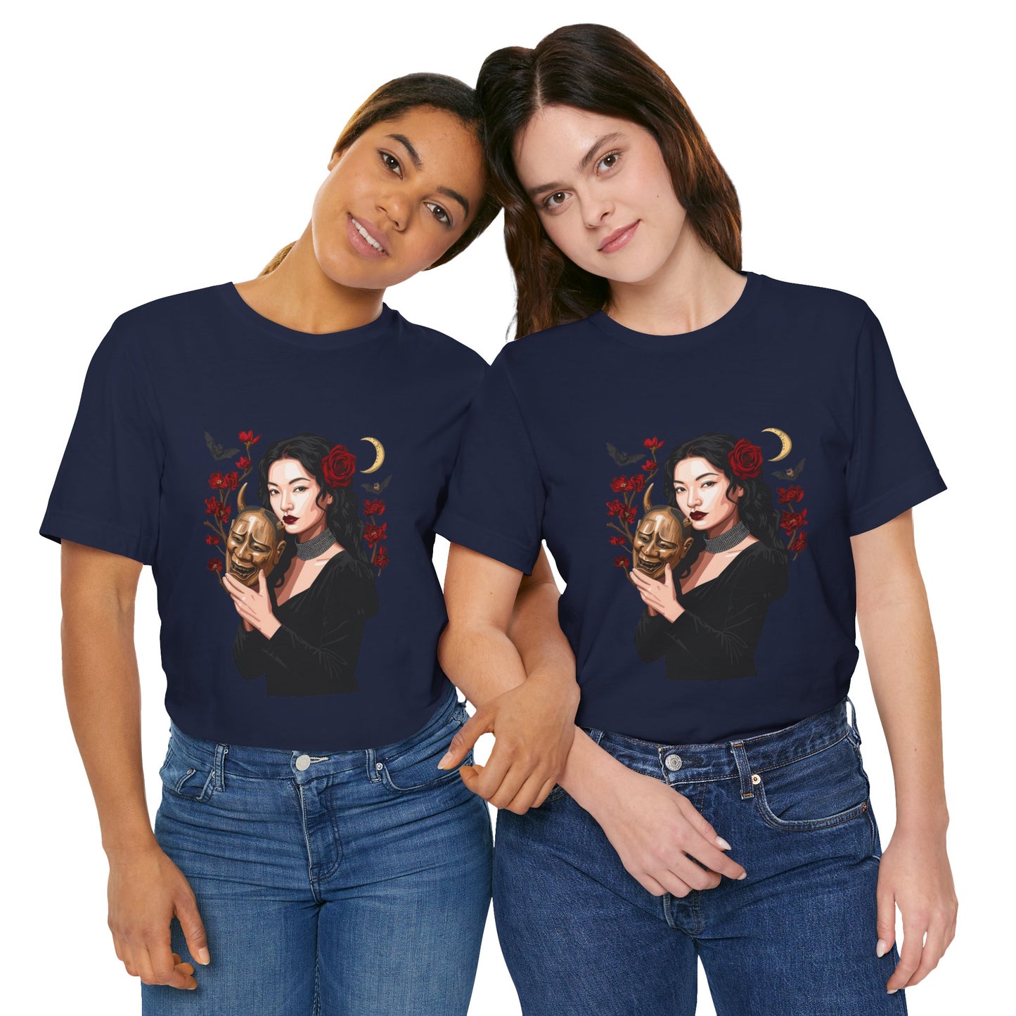 Gothic Rose Maiden Tee — Woman with Mask & Crescent Moon Graphic T-Shirt