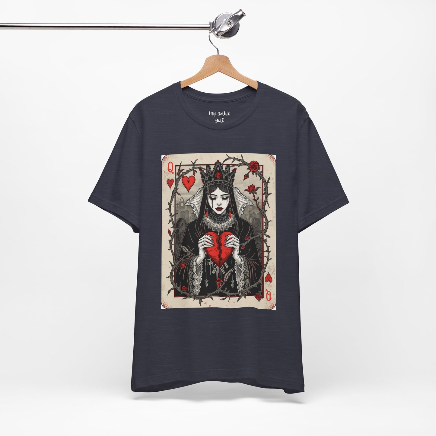 Queen of Hearts Playing Card T-Shirt — Gothic Rose Broken Heart Graphic Tee