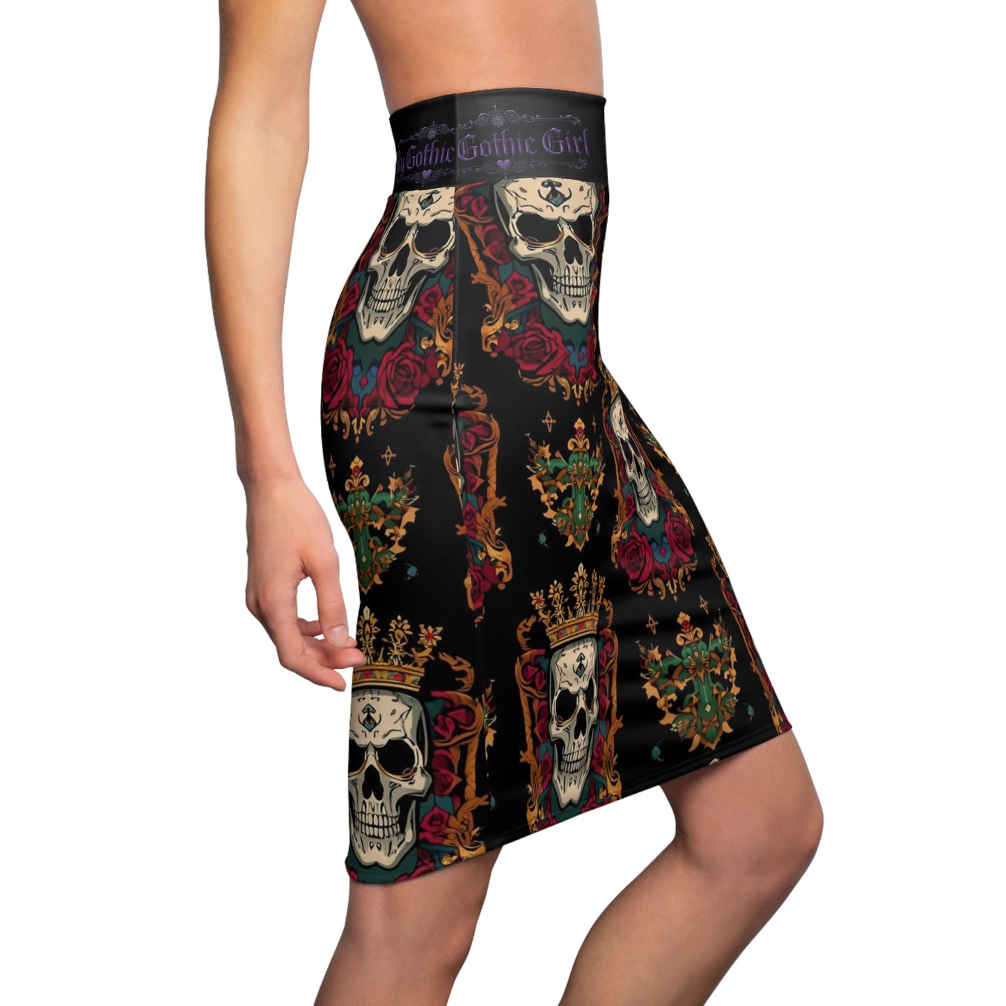 Gothic Skull Crown Pencil Skirt — “My Gothic Girl” Floral Day of the Dead Design