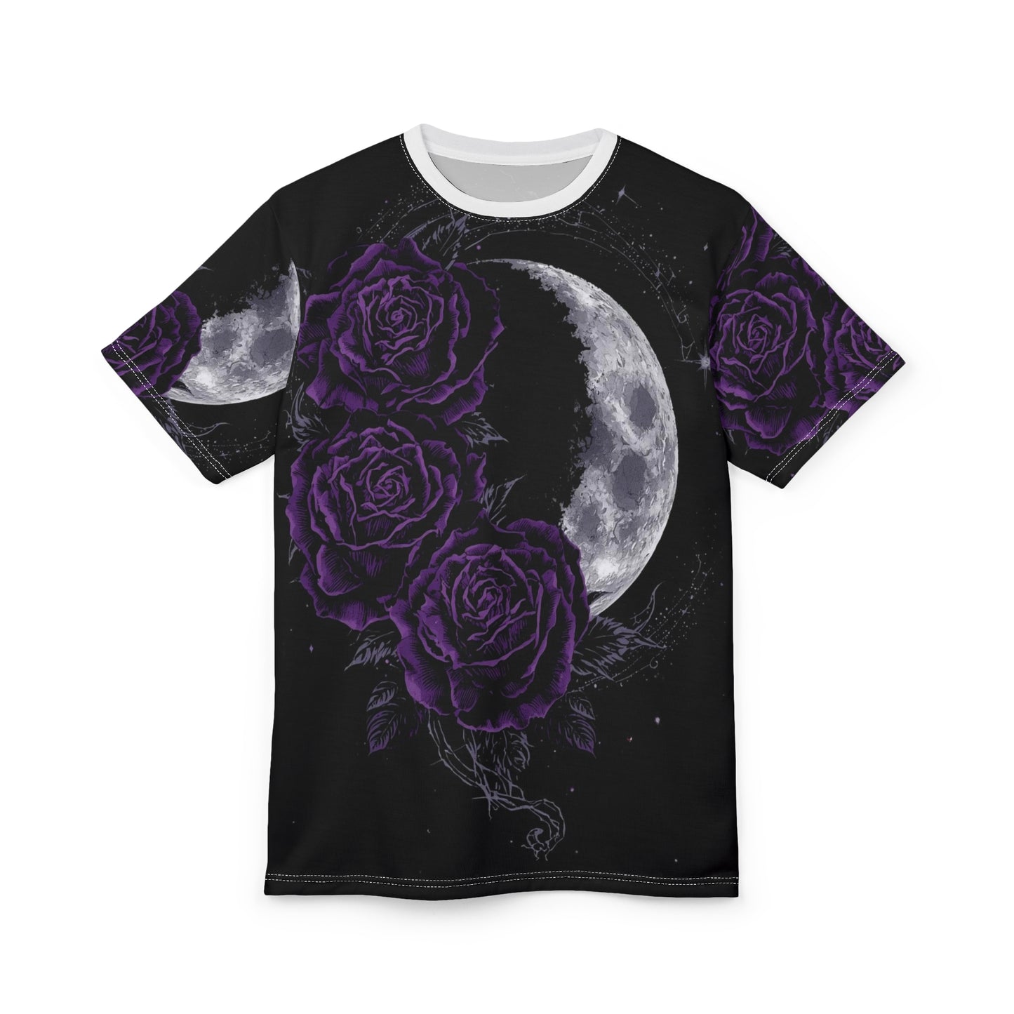 Purple Moon & Roses Tee — Gothic Floral Moonlight All-Over Print Shirt