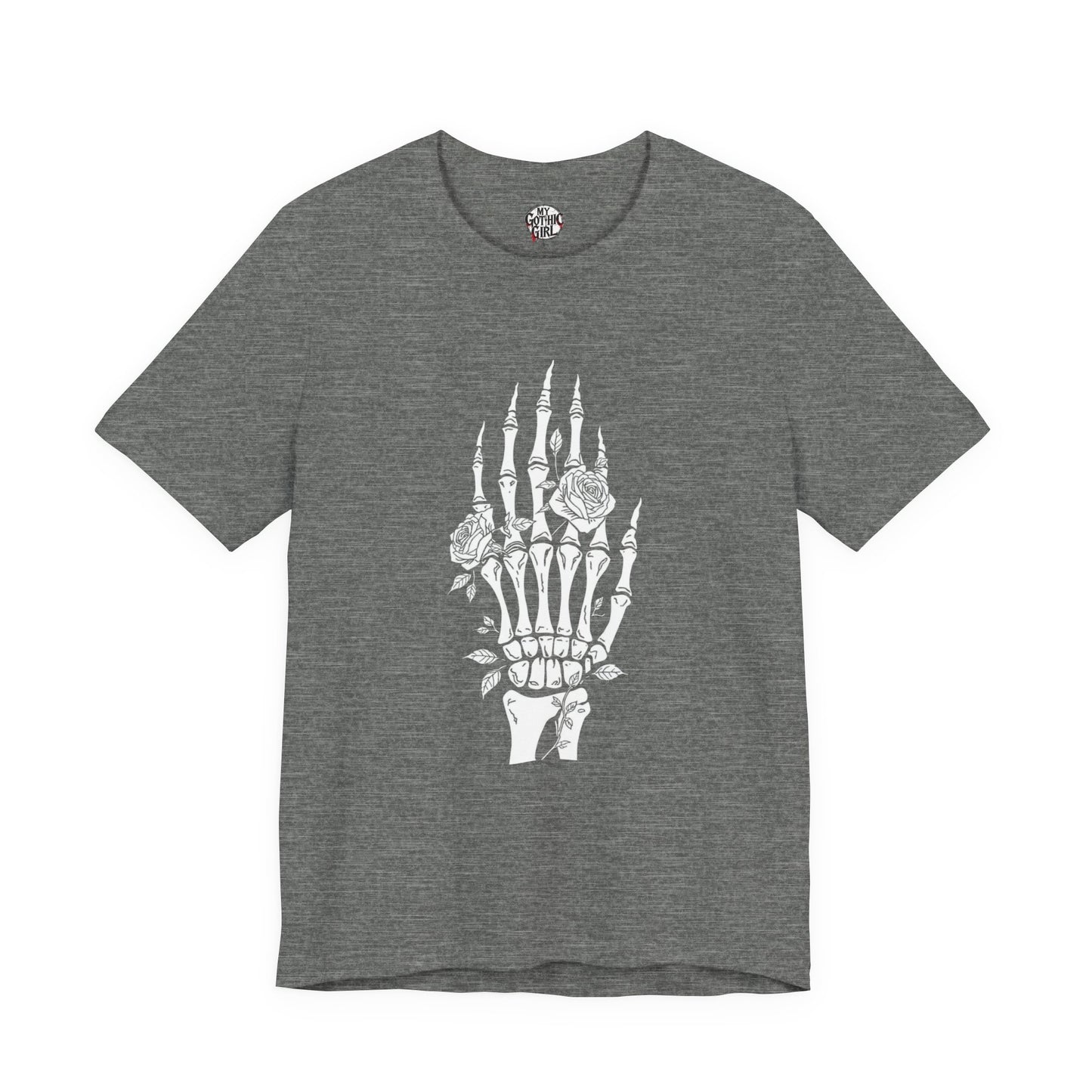 White Roses and Skeleton Hand  Gothic Graphic T-Shirt – Alt Aesthetic Poetic Goth Streetwear