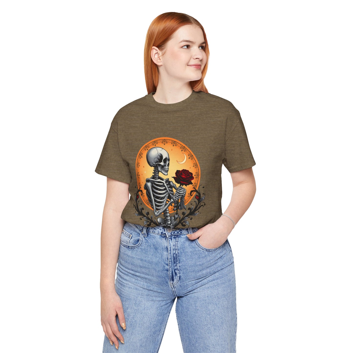 Mystical Gothic Skeleton and Black Rose Under Crescent Moon T-Shirt Design