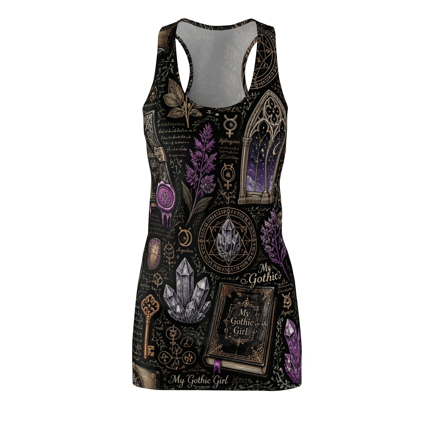 Dark Academia Alchemist - Gothic Crystal & Books Racerback Dress