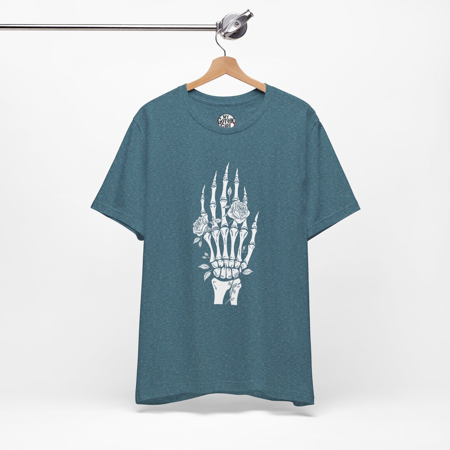 White Roses and Skeleton Hand  Gothic Graphic T-Shirt – Alt Aesthetic Poetic Goth Streetwear