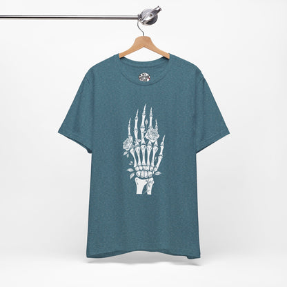 White Roses and Skeleton Hand  Gothic Graphic T-Shirt – Alt Aesthetic Poetic Goth Streetwear