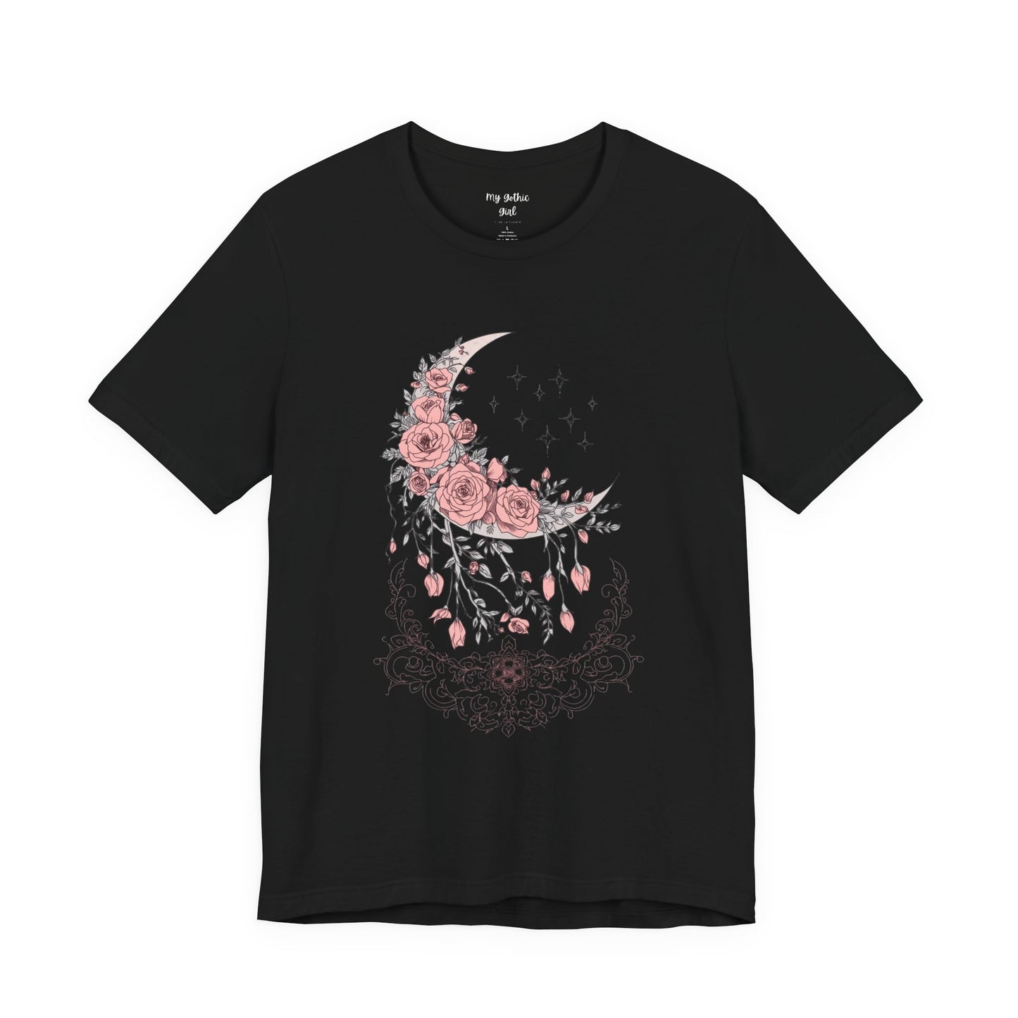 Celestial Goth Crescent Moon Tee with Dripping Florals – Mystic Graphic Art
