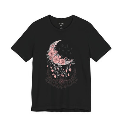 Celestial Goth Crescent Moon Tee with Dripping Florals – Mystic Graphic Art