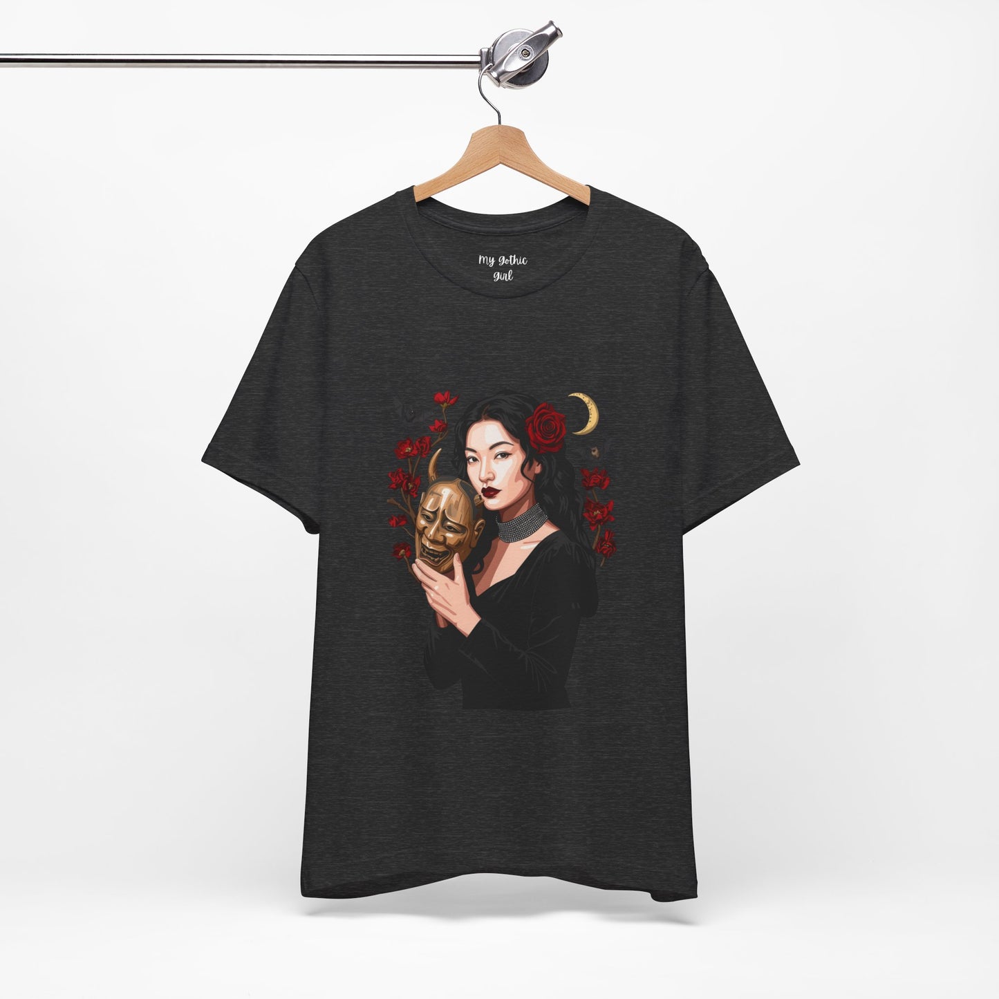 Gothic Rose Maiden Tee — Woman with Mask & Crescent Moon Graphic T-Shirt