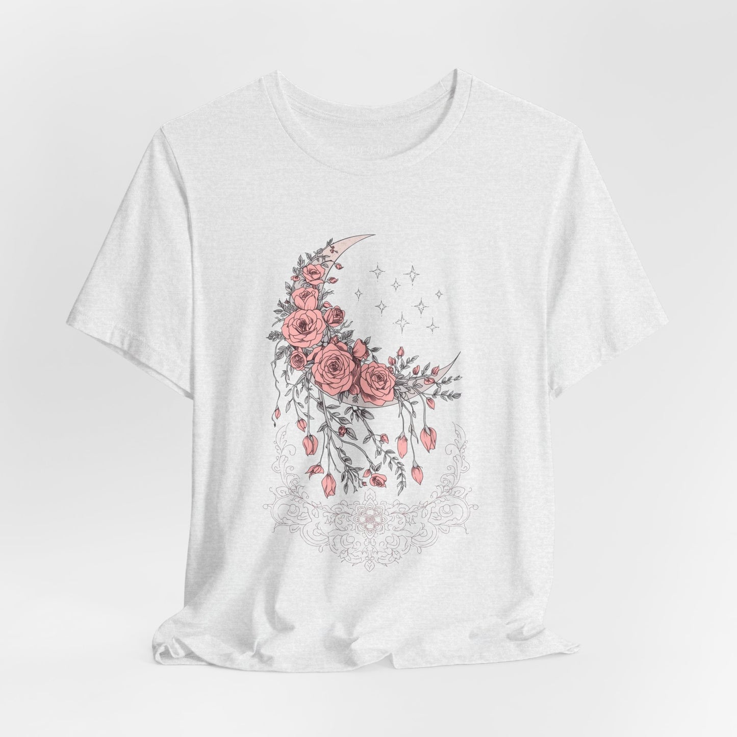 Celestial Goth Crescent Moon Tee with Dripping Florals – Mystic Graphic Art