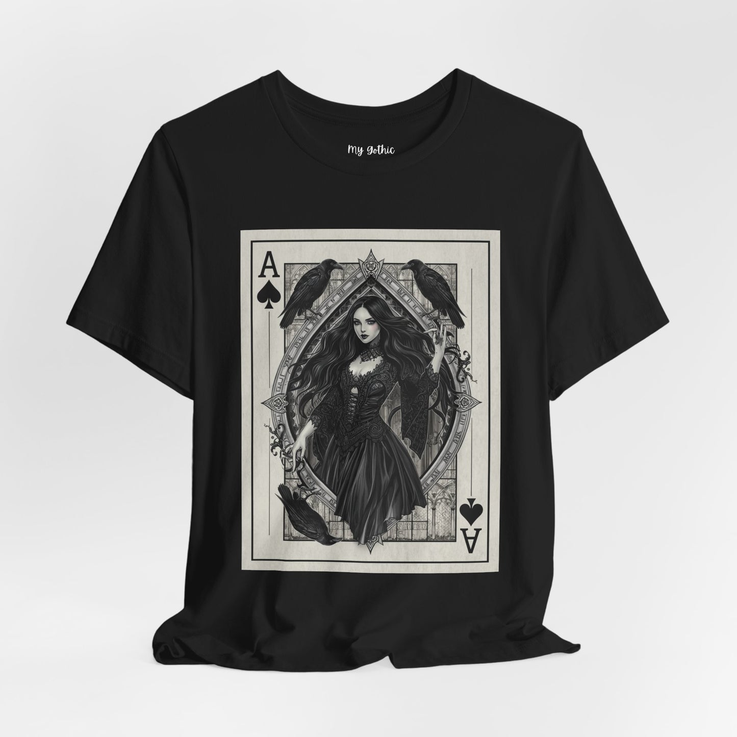 Ace of Spades Gothic Playing Card T‑Shirt — Dark Victorian Witch Illustration