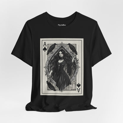 Ace of Spades Gothic Playing Card T‑Shirt — Dark Victorian Witch Illustration
