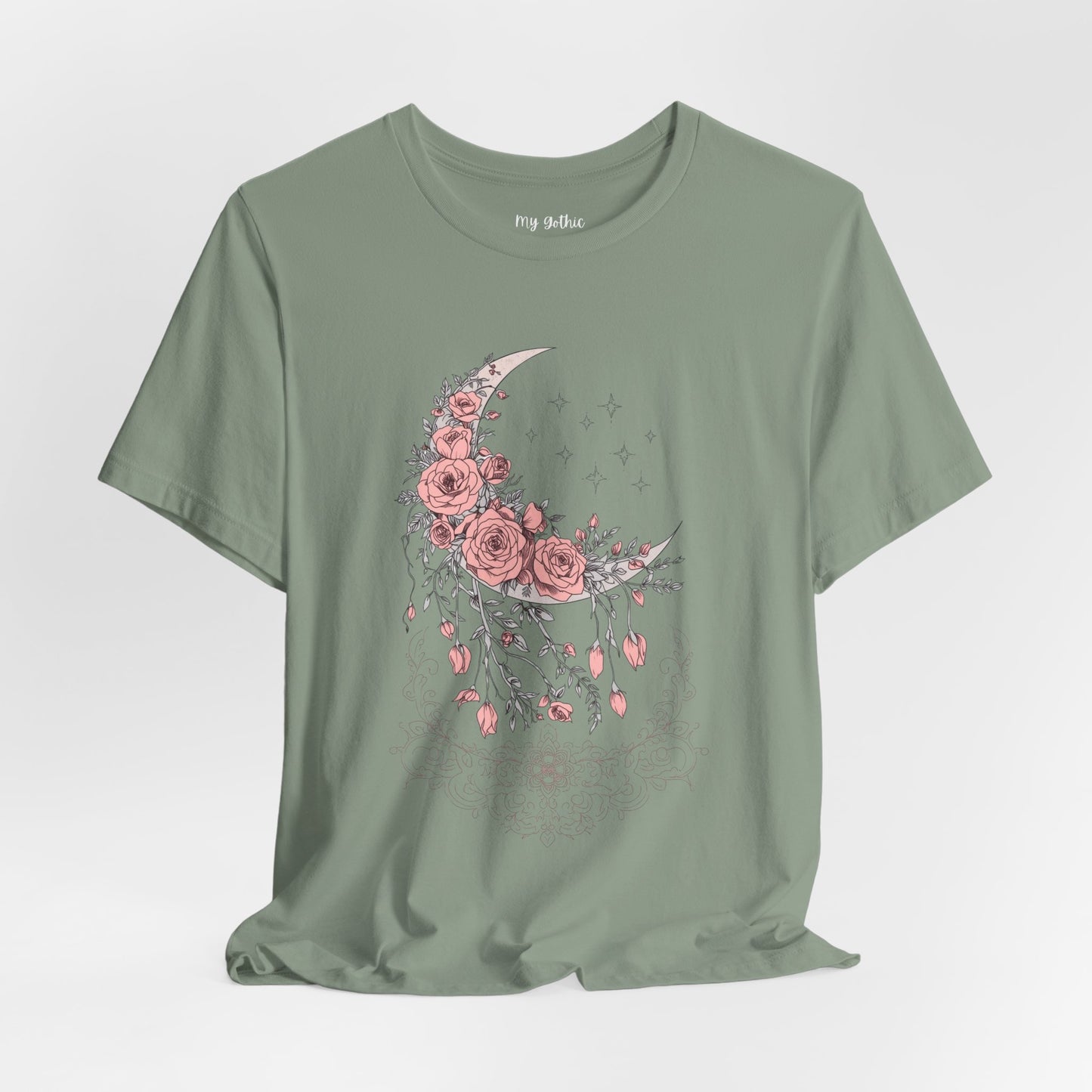 Celestial Goth Crescent Moon Tee with Dripping Florals – Mystic Graphic Art