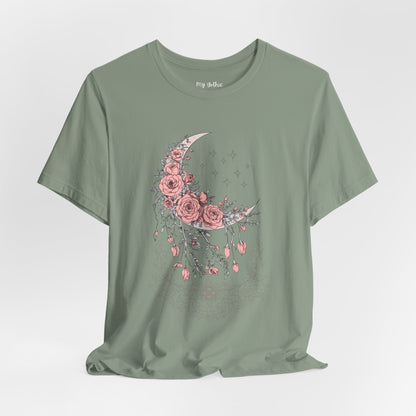 Celestial Goth Crescent Moon Tee with Dripping Florals – Mystic Graphic Art