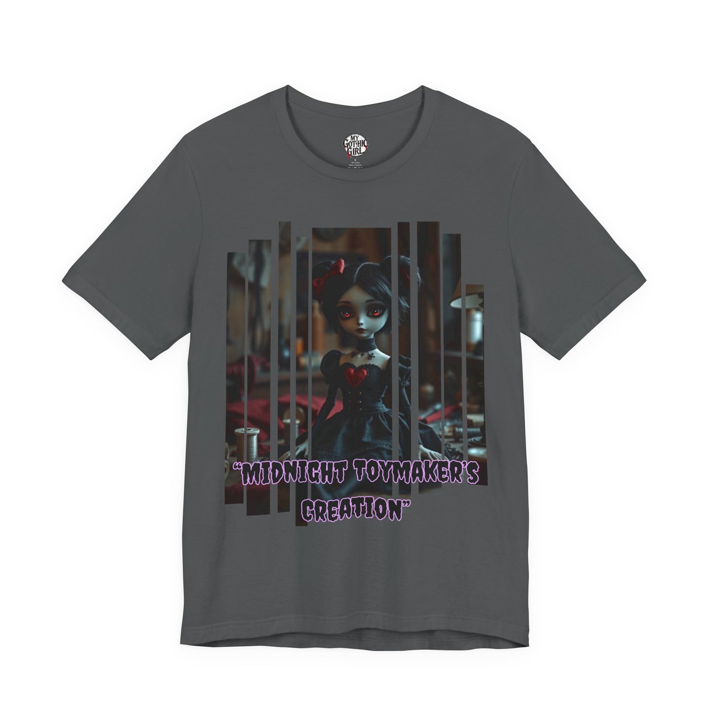 “Midnight Toy-maker's Creation” —hand-stitched Gothic doll Graphic T-Shirt – Alt Aesthetic Poetic Goth Street-wear