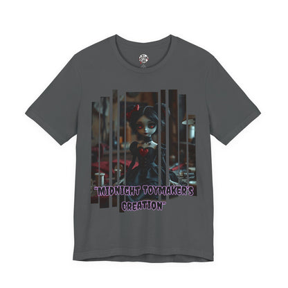 “Midnight Toy-maker's Creation” —hand-stitched Gothic doll Graphic T-Shirt – Alt Aesthetic Poetic Goth Street-wear