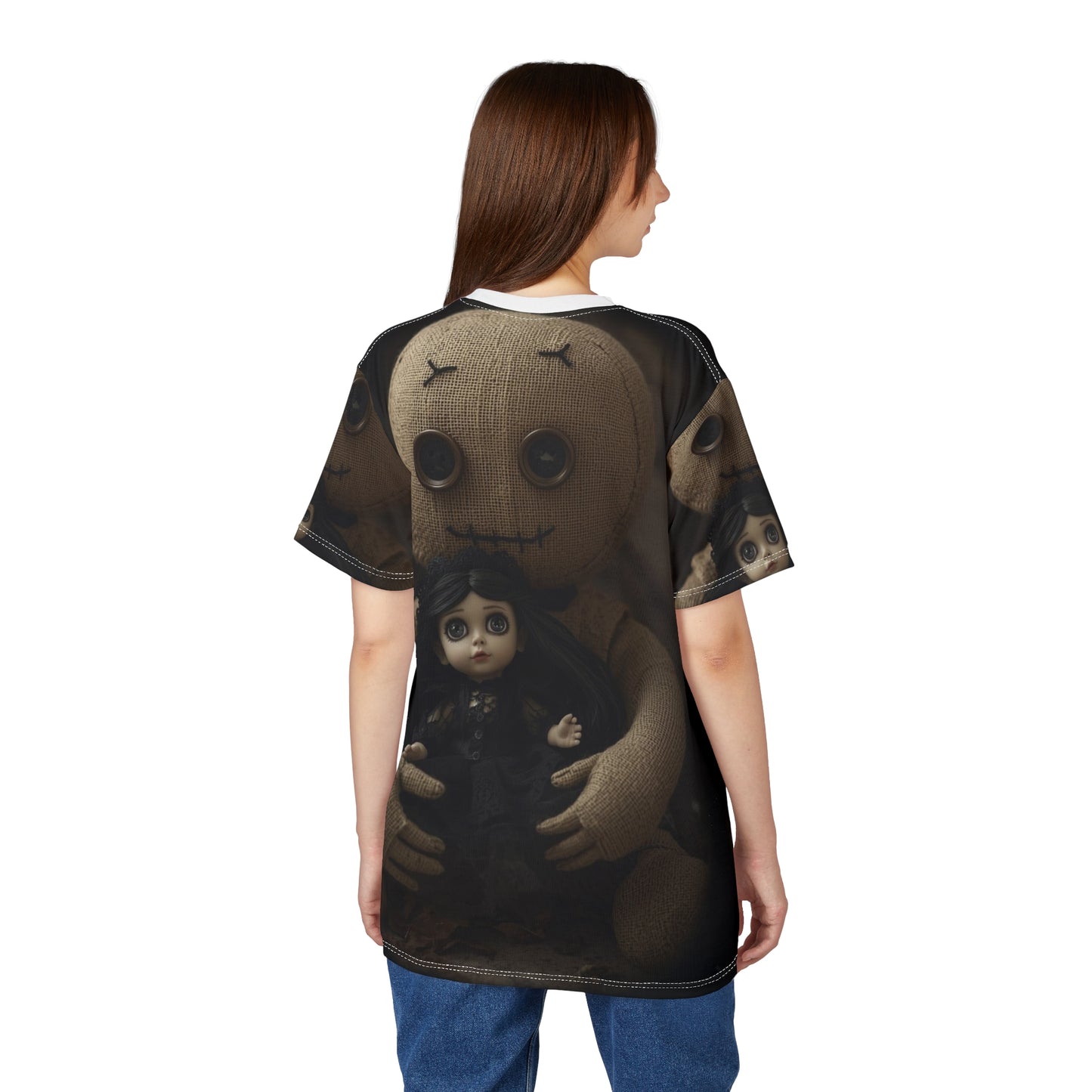 Gunny Sack Doll with Toy Gothic Doll | Horror All-Over Print T‑Shirt