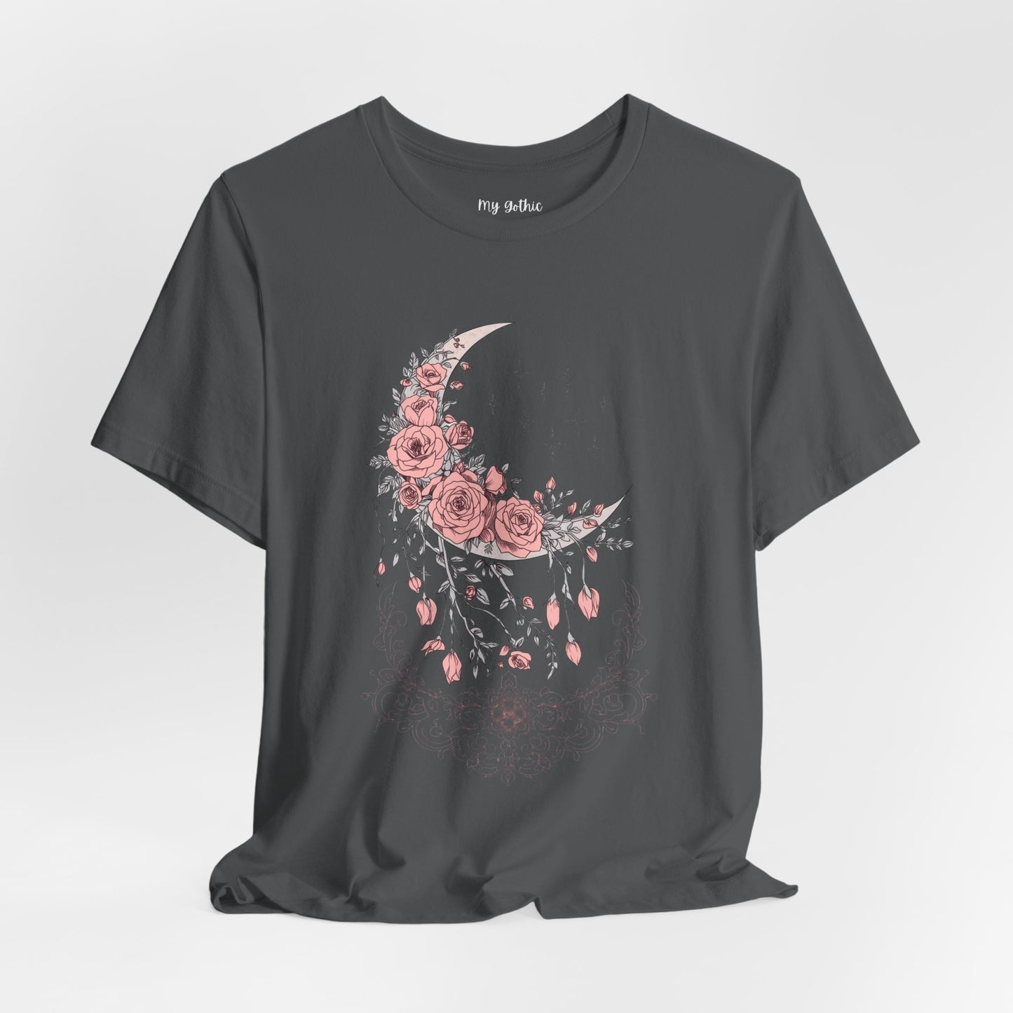 Celestial Goth Crescent Moon Tee with Dripping Florals – Mystic Graphic Art