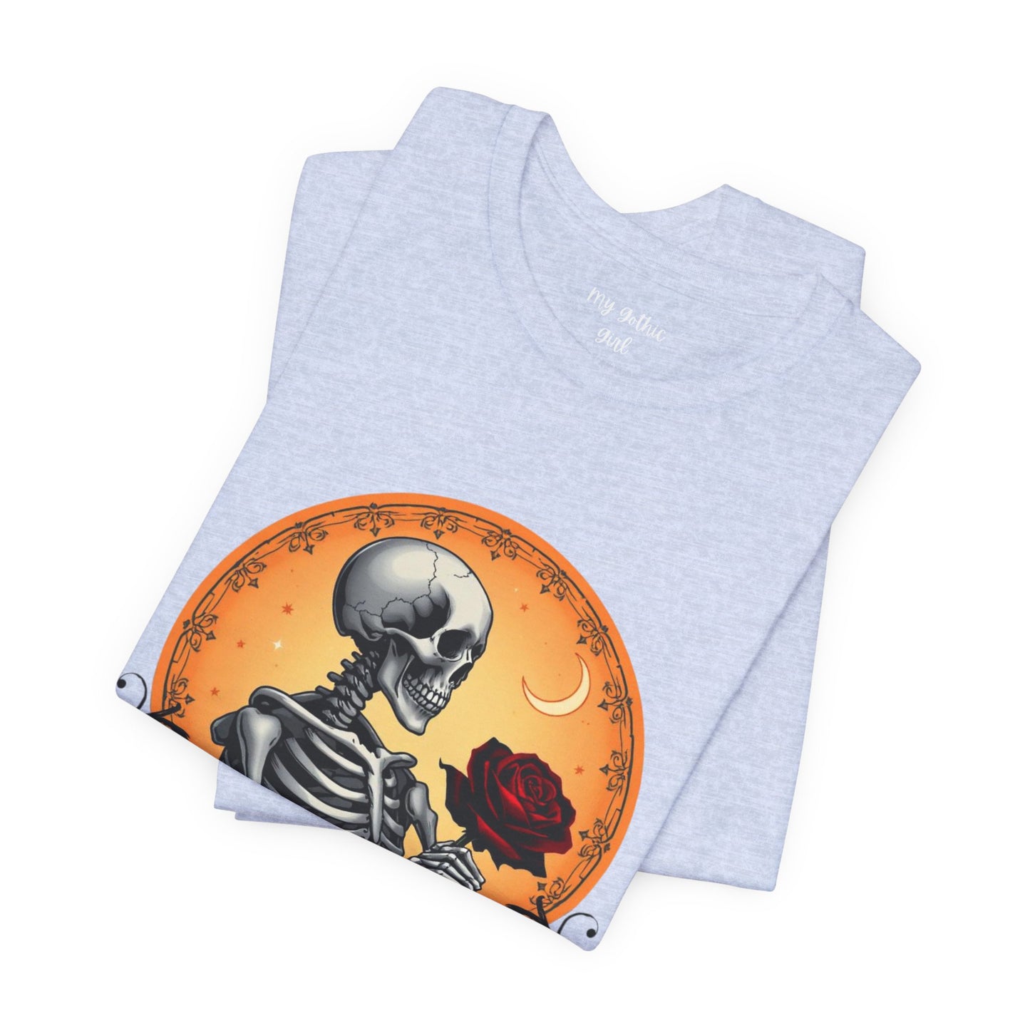 Mystical Gothic Skeleton and Black Rose Under Crescent Moon T-Shirt Design